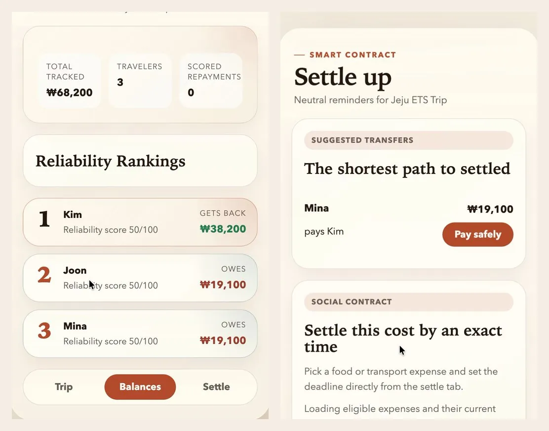 The balances screen next to the settle-up screen
