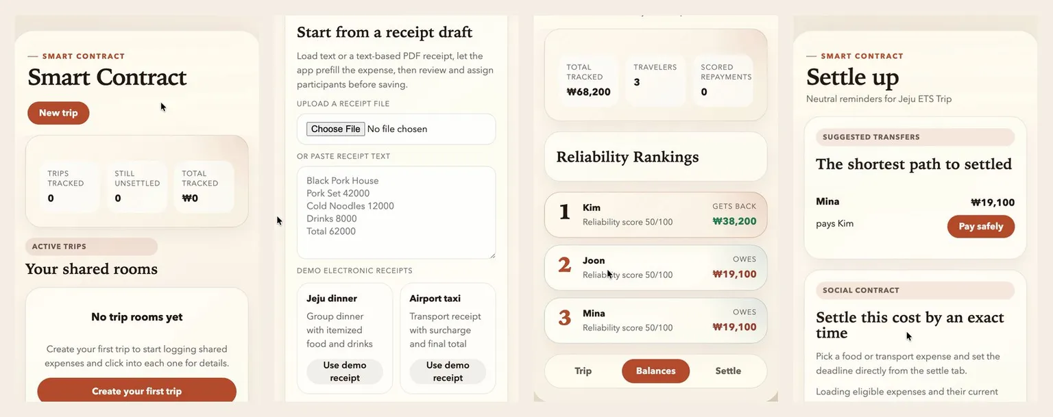 Four screens of the app showing the home page, a receipt draft, balances, and the settle-up page
