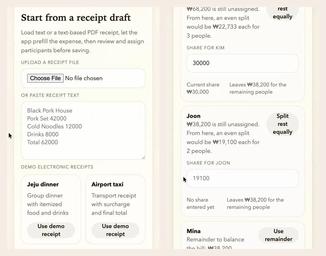 The receipt draft screen next to the custom split screen
